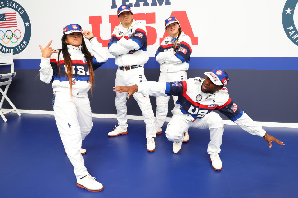 PARIS, FRANCE - JULY 21: Victor Montalvo, Grace Choi, Jeffrey Louis and Logan Edra try on clothes during Team USA Welcome Experience ahead of Paris 2024 Summer Olympics at Polo Ralph Lauren on July 21, 2024 in Paris, France. (Photo by Joe Scarnici/Getty Images for USOPC)