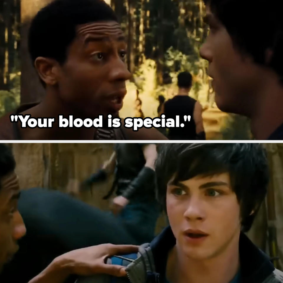 Top: Brandon T. Jackson talking to Logan Lerman. Background: forest with a standing person (blurry). Bottom: Logan Lerman looking surprised or concerned