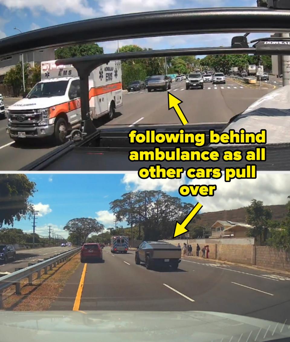 Three image sequence shows a driver pulling over to the side of the road to allow an ambulance to pass on a multi-lane highway