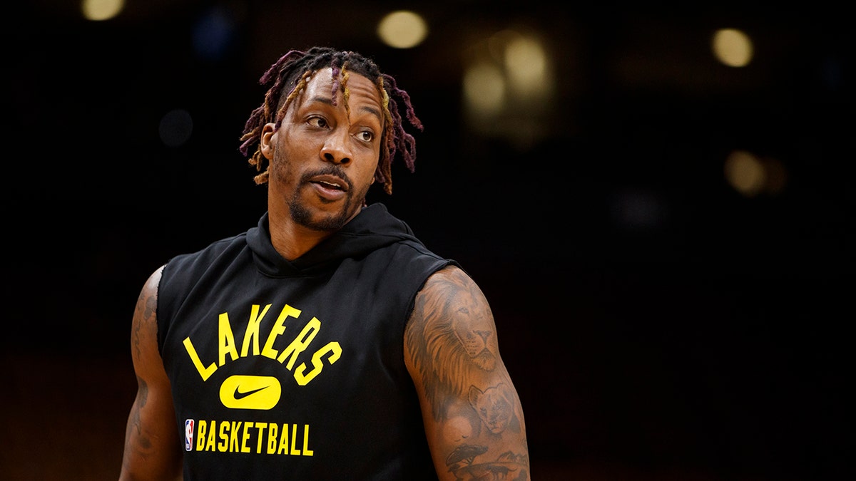 Dwight Howard #39 of the Los Angeles Lakers warms up ahead of their NBA game against the Toronto Raptors at Scotiabank Arena on March 18, 2022 in Toronto, Canada.
