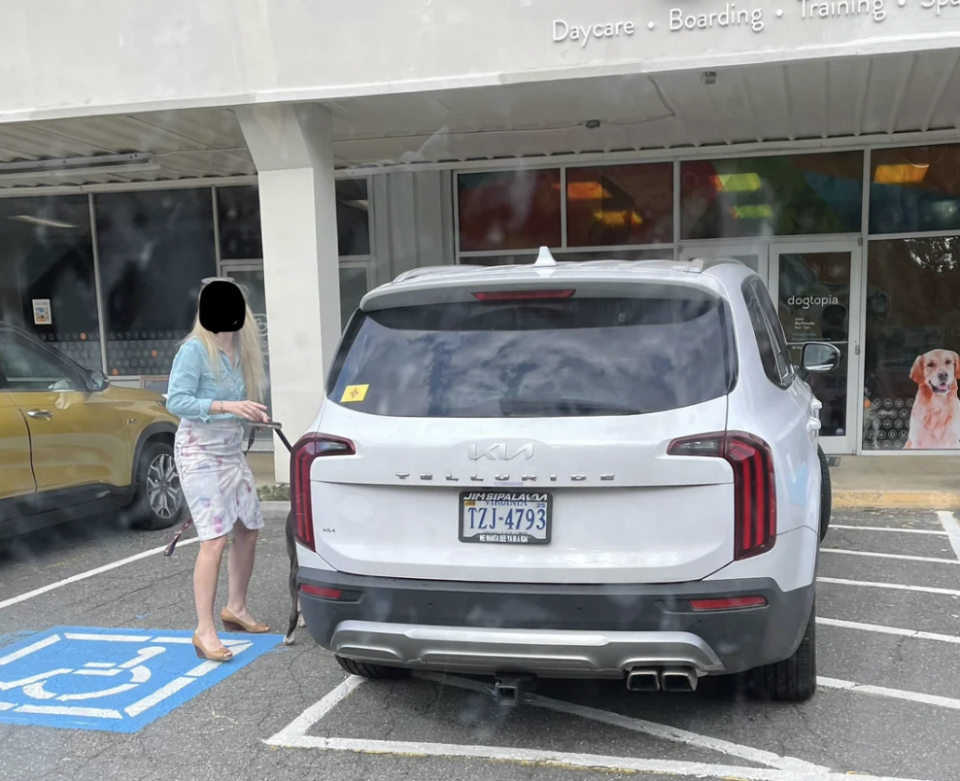 A person with long, blonde hair is stepping out of a silver Kia Telluride parked in a handicapped spot near a pet care facility