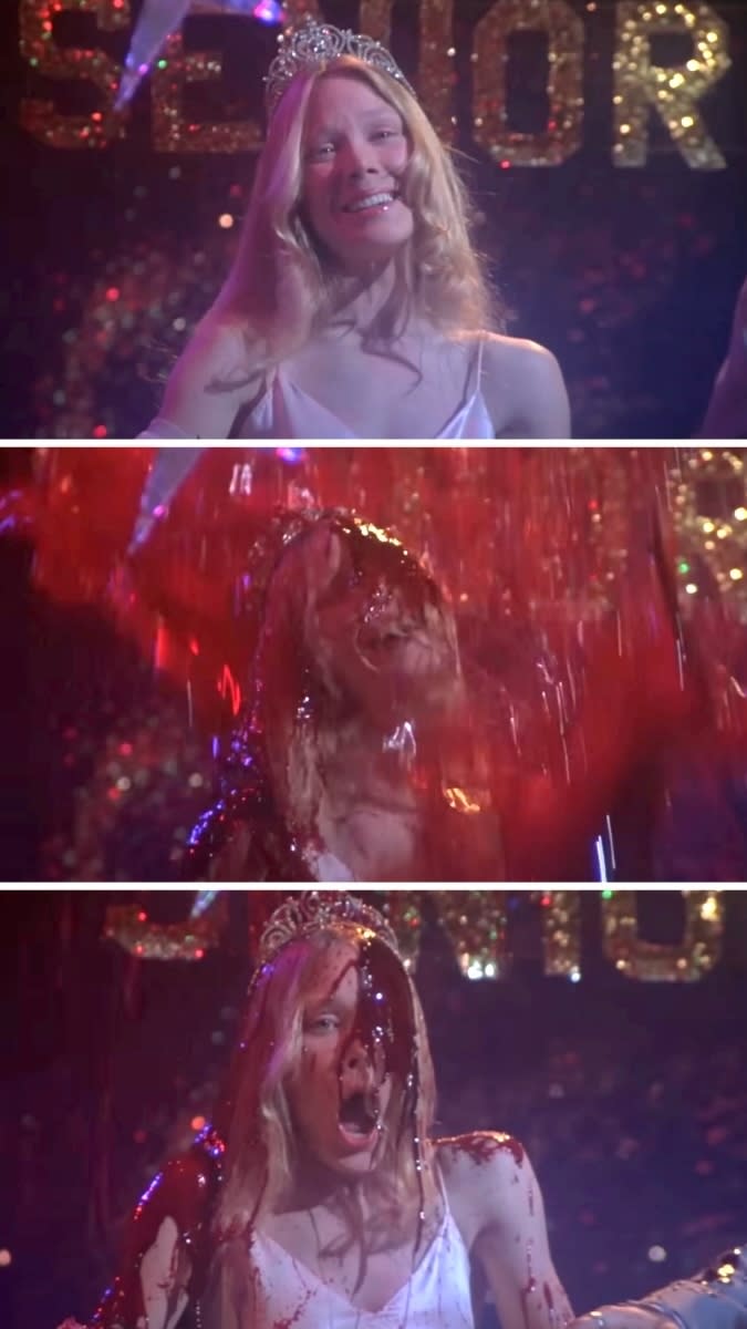 Carrie White is shown in three stages: happily crowned, then covered in blood, reacting with shock and horror from the 1976 film "Carrie."