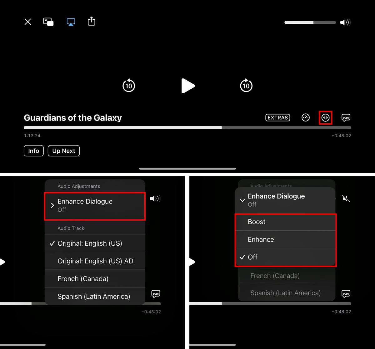 Three iOS 18 screenshots showing how to turn on the Enhance Dialogue feature in the TV app.