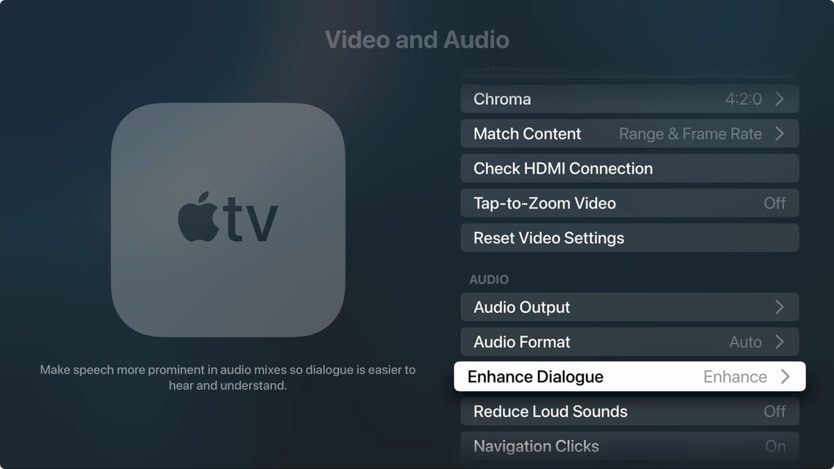 Apple TV settings screen with Enhance Dialogue highlighted and set to Enhance.