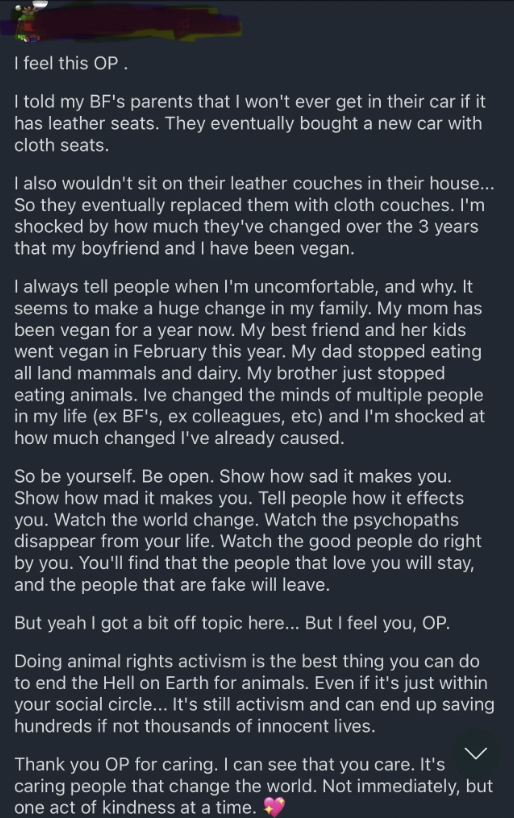 Post discussing veganism, non-leather car seats, and the impact of personal changes. Encourages people to consider the effects of their choices and show empathy