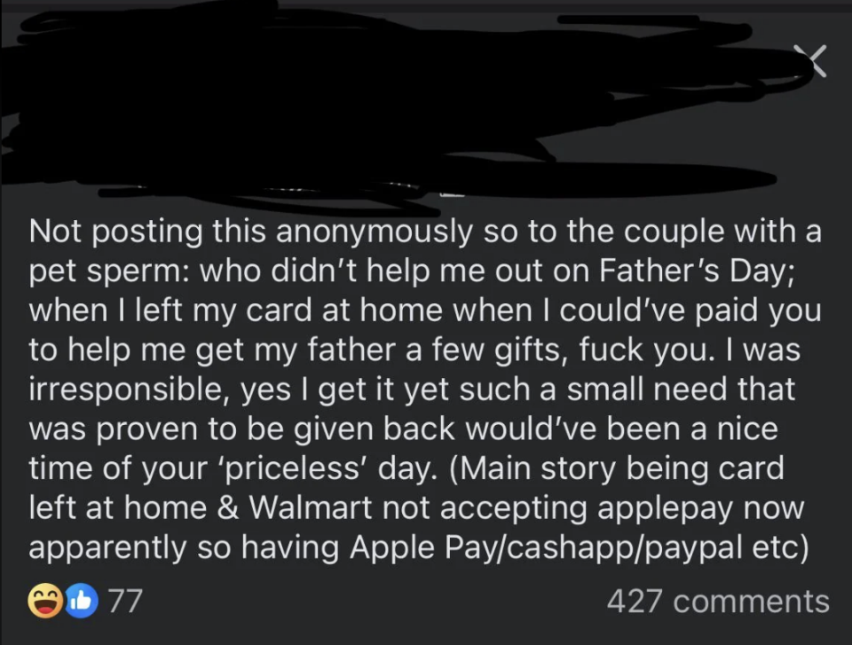 Social media post expressing frustration towards a couple for not helping the poster buy gifts on Father's Day after they left their card at home