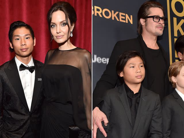 <p>Kevin Mazur/Getty ; Alberto E. Rodriguez/Getty</p> Pax Jolie-Pitt with mom Angelina Jolie, Pax Jolie-Pitt with dad Brad Pitt.