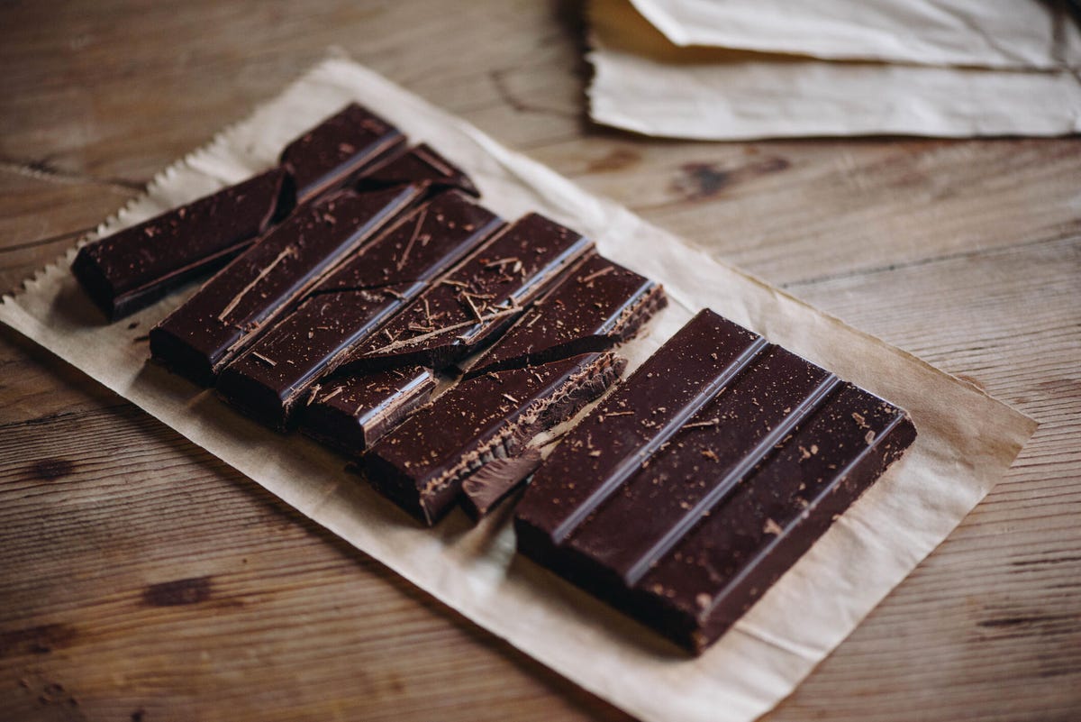 dark chocolate baker's chocolate on a wooden countertop