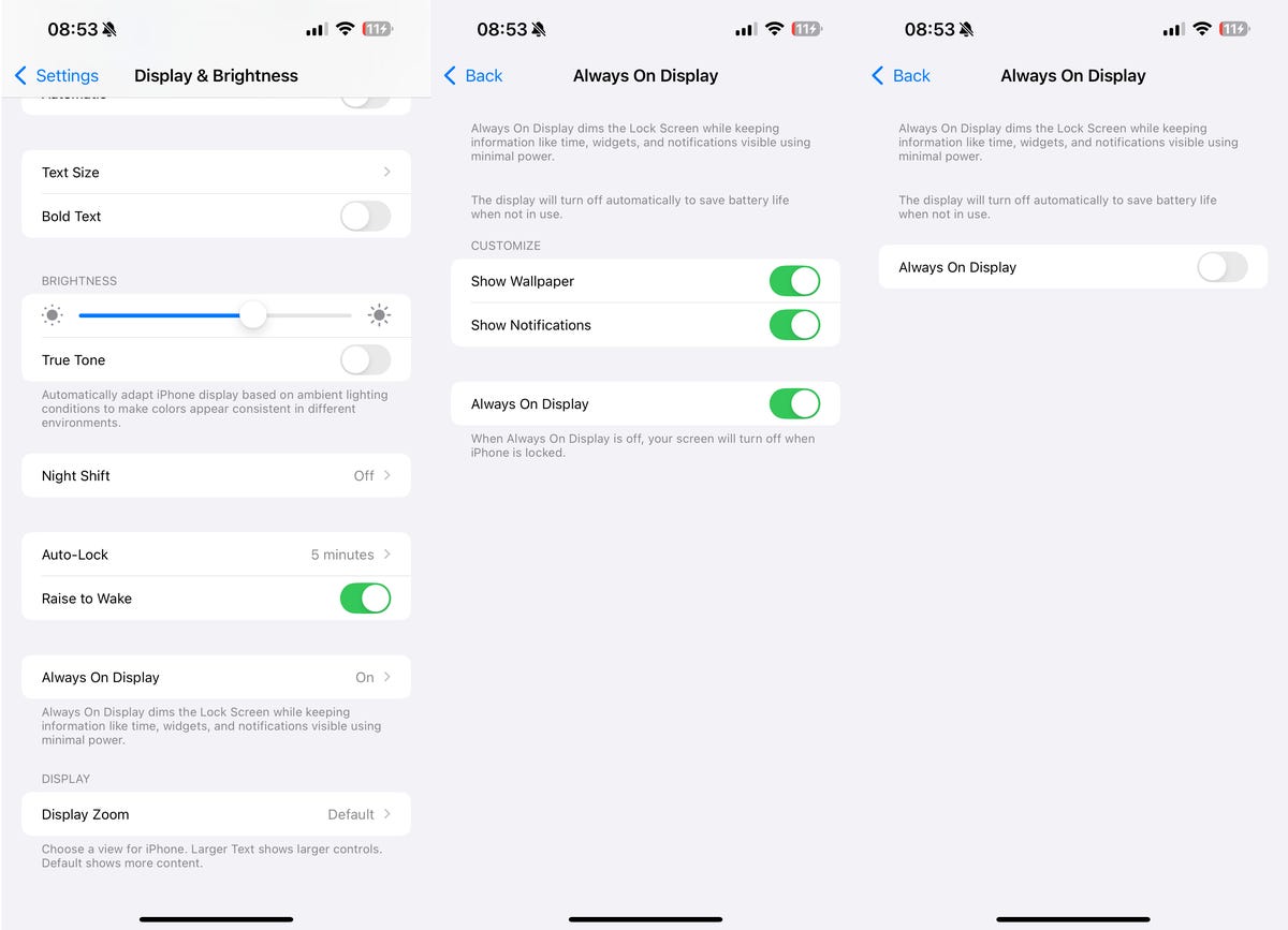 Always-On Display settings on iOS