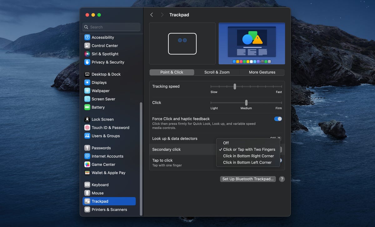 macOS mouse settings trackpad click options