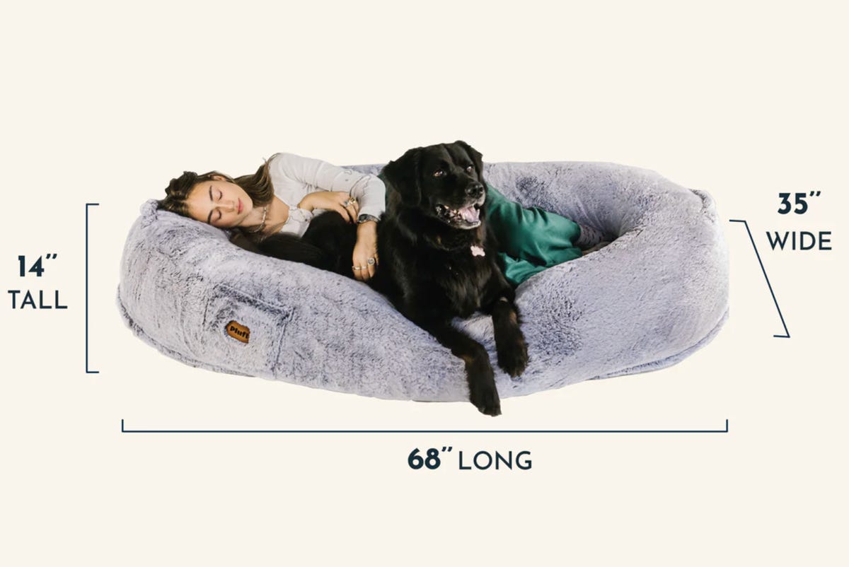 women and dog in plufl bed with measurements showing size