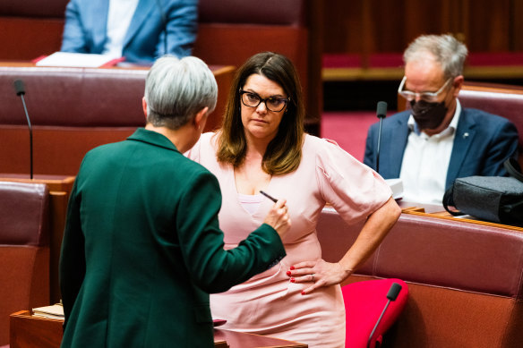 Penny Wong and Greens senator Sarah Hanson-Young speak in July.
