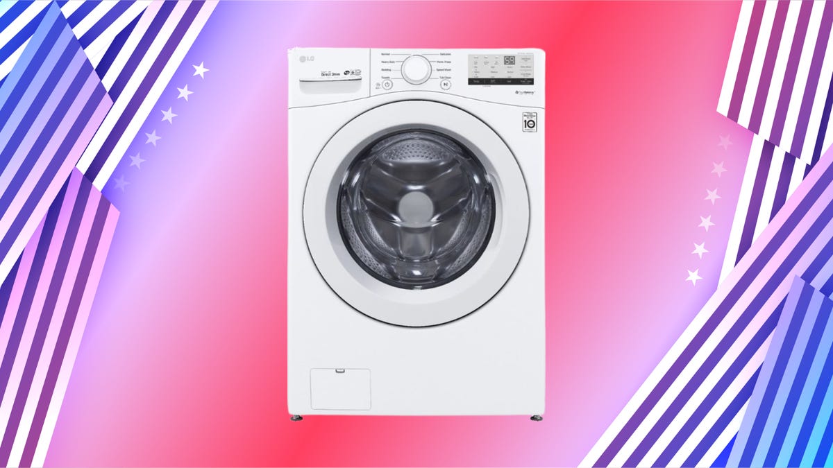 The LG 4.5 cu. ft. high efficiency stackable front-load washer is displayed against a red, white and blue background.