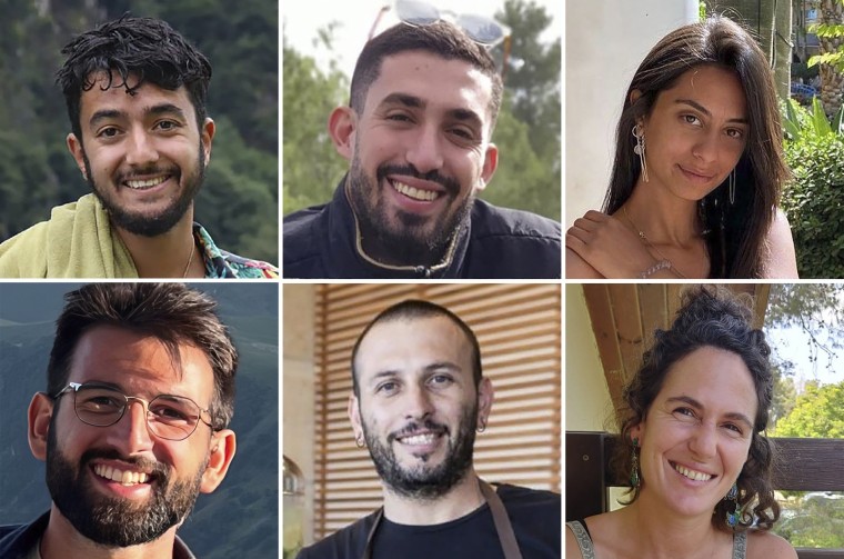 From top left, Hersh Goldberg-Polin, Ori Danino, Eden Yerushalmi. From bottom left, Almog Sarusi, Alexander Lobanov, and Carmel Gat.