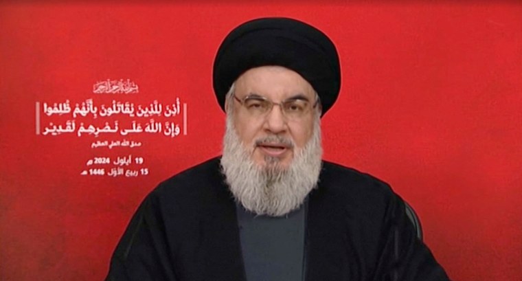 Hezbollah leader Sayyed Hassan Nasrallah gives a televised address