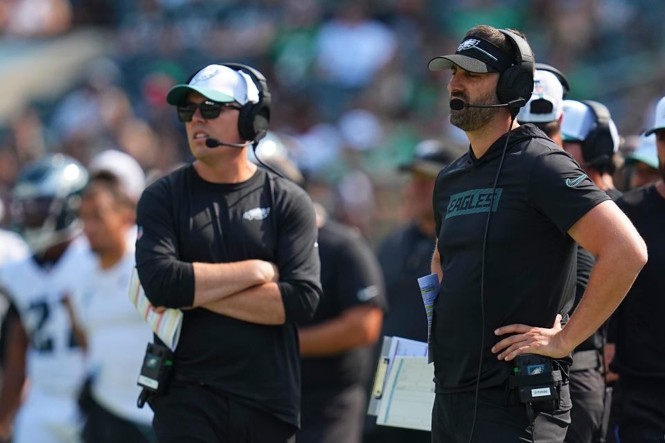 PHILADELPHIA, PENNSYLVANIA - AUGUST 24: Head coach Nick Sirianni and offensive coordinator Kellen Moore of the Philadelphia Eagles look on Minnesota Vikings after the preseason game at Lincoln Financial Field on August 24, 2024 in Philadelphia, Pennsylvania. The Vikings defeated the Eagles 26-3. (Photo by Mitchell Leff/Getty Images)