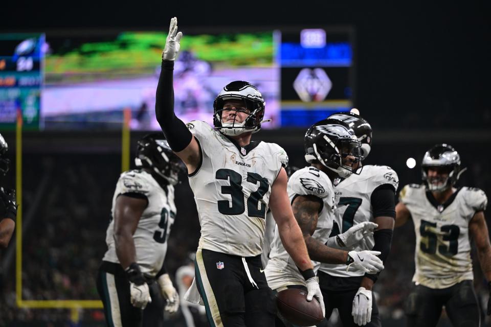 SAO PAULO, BRAZIL - SEPTEMBER 06: Reed Blankenship #32 of the Philadelphia Eagles celebrates after an interception during the fourth quarter against the Green Bay Packers at Arena Corinthians on September 06, 2024 in Sao Paulo, Brazil. (Photo by Pedro Vilela/Getty Images)