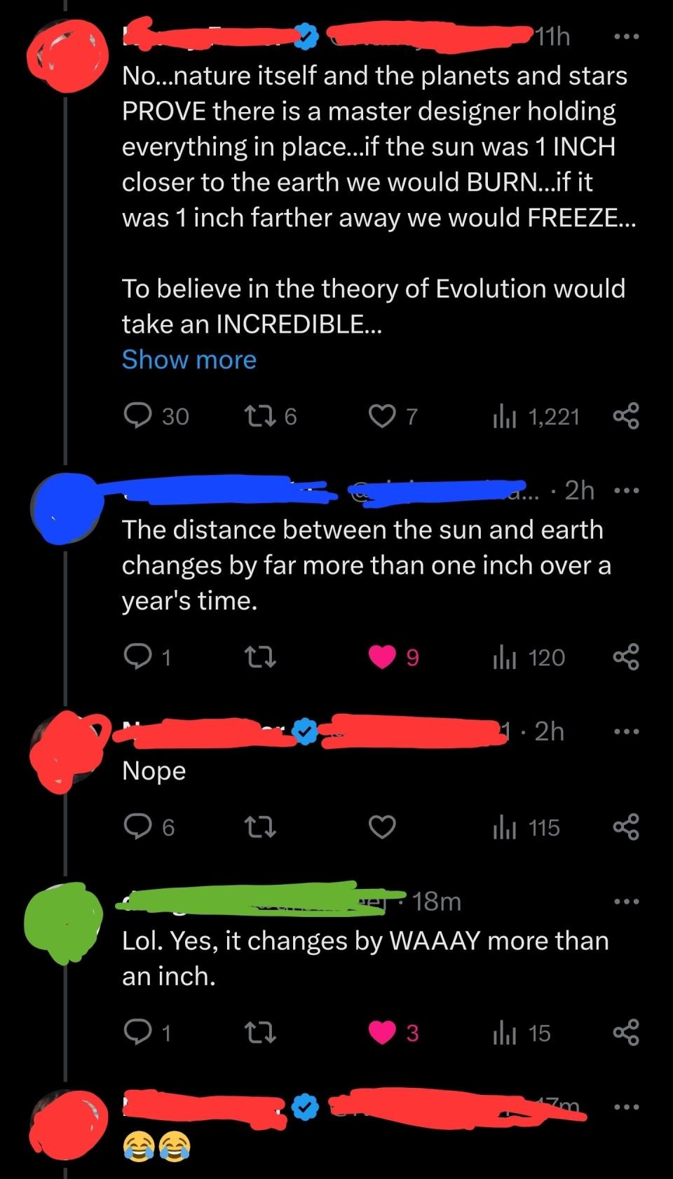 A Twitter conversation on scientific claims. User 1 claims that nature proves a designer is behind it all. User 2 corrects them about Earth's distance to the sun. User 3 disagrees. User 4 supports User 2's correction