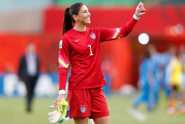 <p>Todd Korol/Getty</p> Goalkeeper Hope Solo #1 of the United States celebrates after the USA 2-0 win against Colombia in the FIFA Women's World Cup 2015 Round of 16 match at Commonwealth Stadium on June 22, 2015