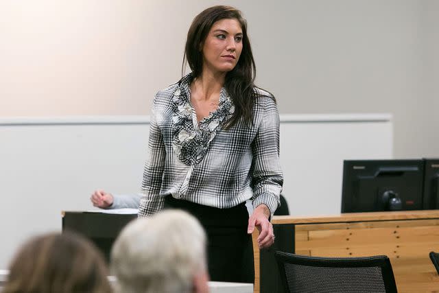 <p>Suzi Pratt/Getty</p> Olympic gold medalist Hope Solo appears in court at Kirkland Municipal Court on November 4, 2014