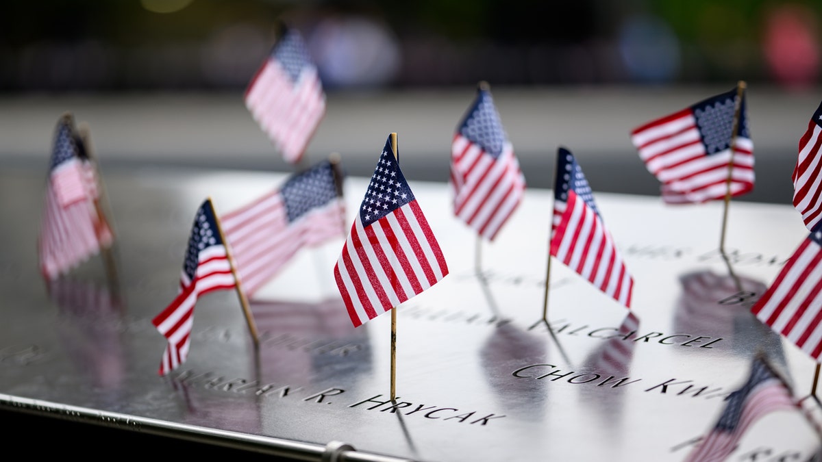American flags on the 9/11 memorial in New York City