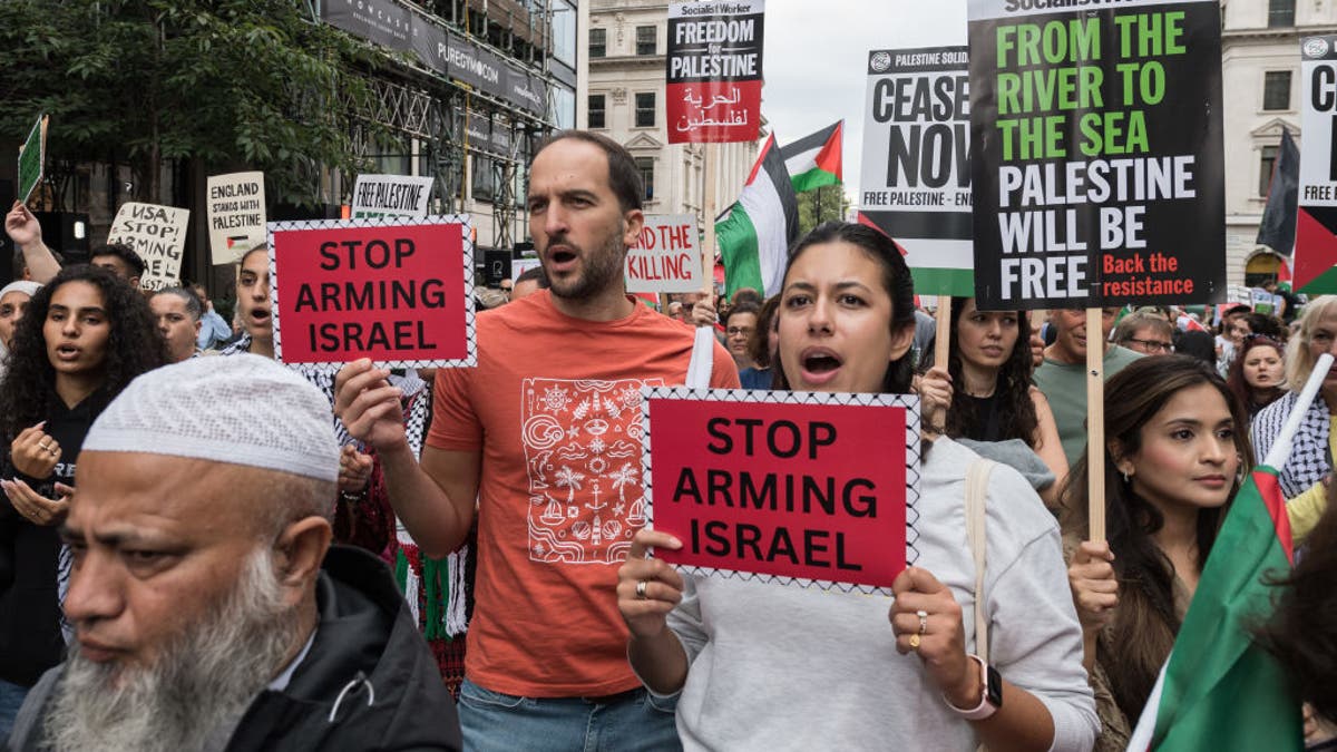Anti-Israel protesters gather in central London for a march to the Israeli Embassy in London, United Kingdom on September 7, 2024.