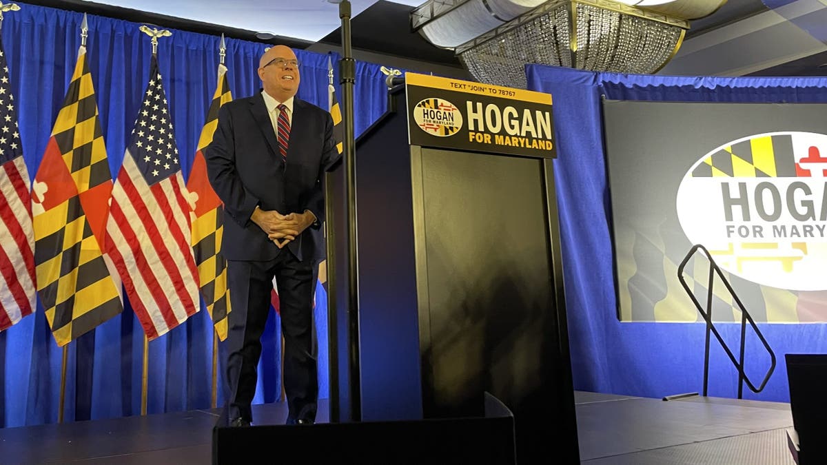 Angela Alsobrooks faces former two-term Republican Gov. Larry Hogan, above, in this year's U.S. Senate race.
