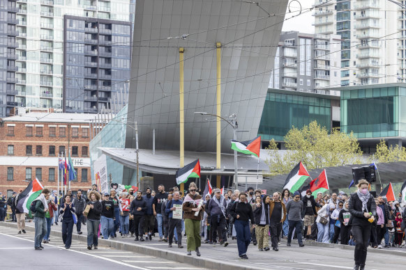 A pro-Palestine demonstration outside MCEC on the weekend.