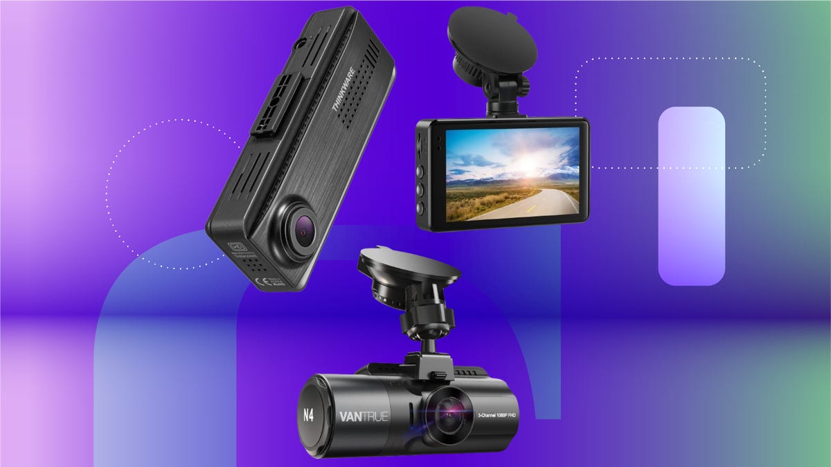 Biuone, Thinkware and Vantrue dash cams on blue CNET background