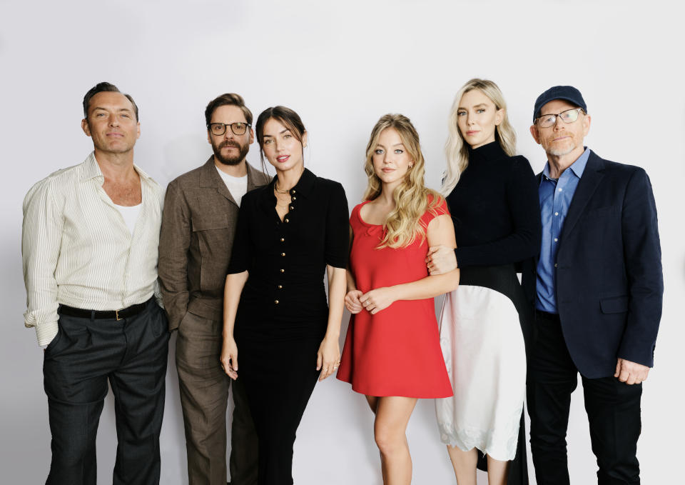 L-R Actors Jude Law, Daniel Brühl, Ana de Armas, Sydney Sweeney, Vanessa Kirby and director Ron Howard of “Eden” at the Deadline Studio held at the Bisha Hotel during the Toronto International Film Festival 2024 on September 7, 2024 in Toronto, Canada.