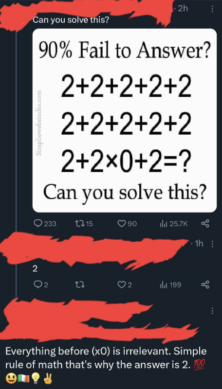 Mathematical puzzle asking to solve "2+2+2+2 2+2+2+2 2+2x0+2" with the correct answer being 2. Comments and likes shown