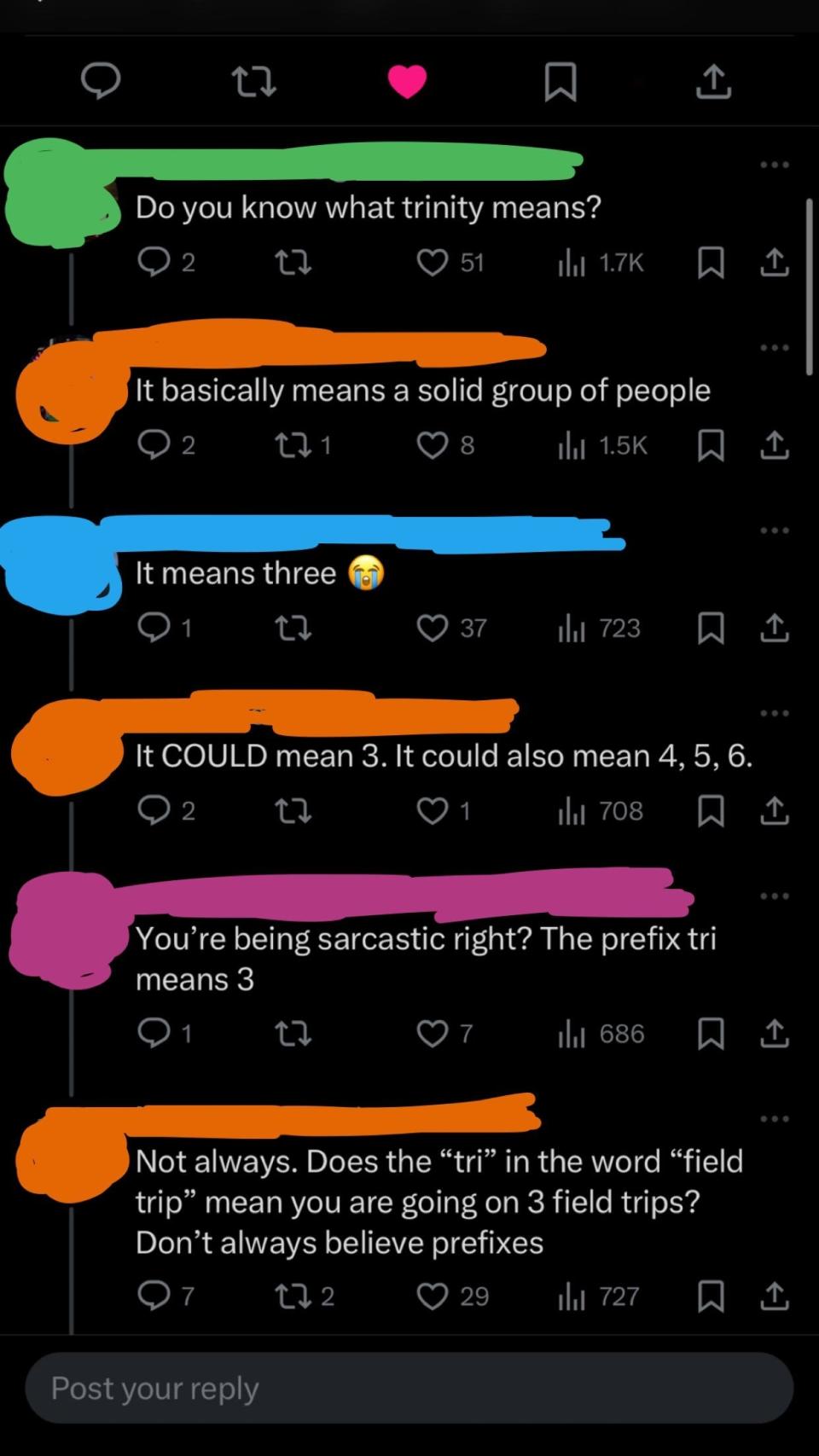 A conversation discussing the meaning of "trinity" on social media, with various users debating whether it means three or a solid group of people
