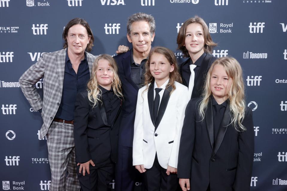 TORONTO, ONTARIO - SEPTEMBER 05: (L-R)David Gordon Green, Arlo Janson, Ben Stiller, Ulysses Janson, Homer Janson and Atlas Janson attend the premiere of "Nutcrackers" during the 2024 Toronto International Film Festival at Roy Thomson Hall on September 05, 2024 in Toronto, Ontario.  (Photo by Emma McIntyre/WireImage)