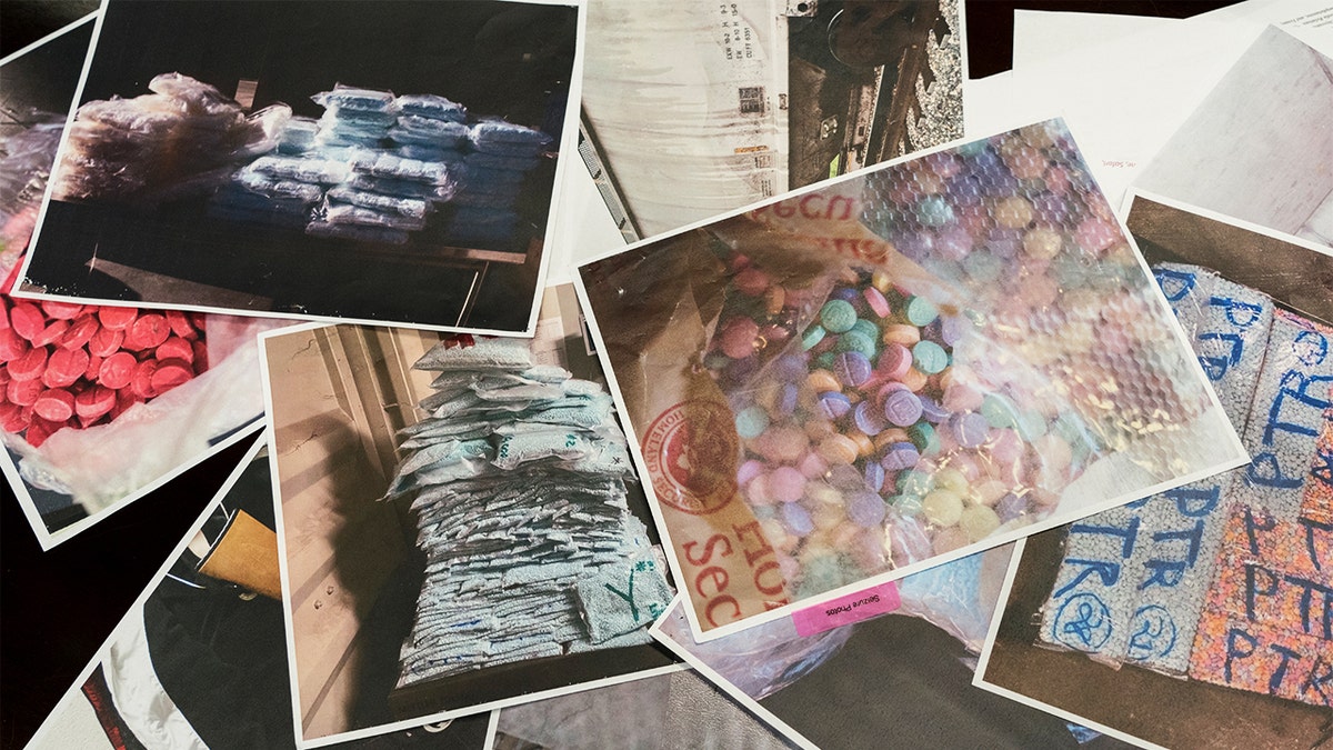 U.S. Customs and Border Protection's Port Director, Michael Humphries, presents photographs of seized fentanyl, weapons, and other illicit drugs during an interview at The Nogales-Mariposa Port of Entry in Nogales, Arizona on February 28, 2023.