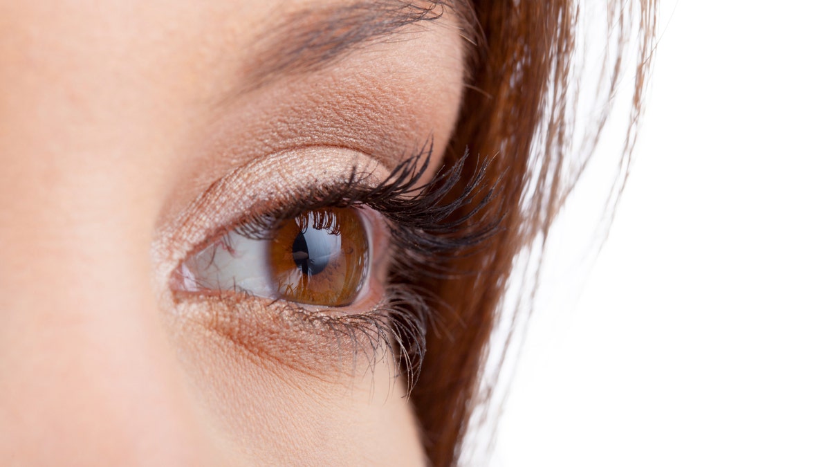 Close up of natural female eye isolated on white background