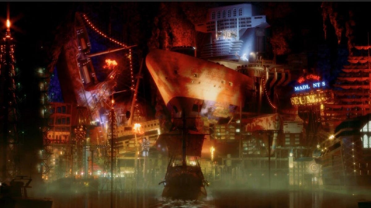 A screenshot of a pirate ship sailing into a cove made of salvaged ships and neon signs.