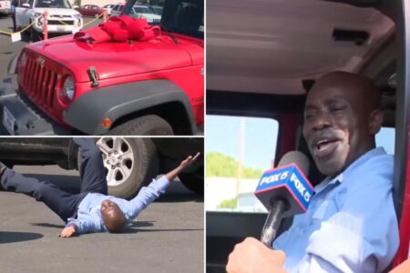 Virginia high school janitor sheds tears of joy, rolls around on the ground after students surprise him with brand new Jeep