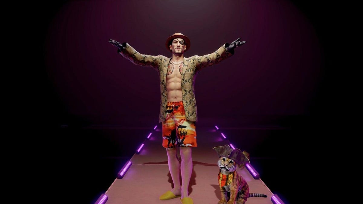 A screenshot of an outfit-choosing screen, with character Majima dressed up in a Hawaiian shirt, board shorts and straw hat...wait, I know this one!