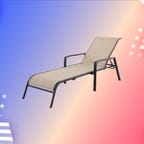 Brown and steel-framed patio lounge chair on an American-flag inspired gradient background