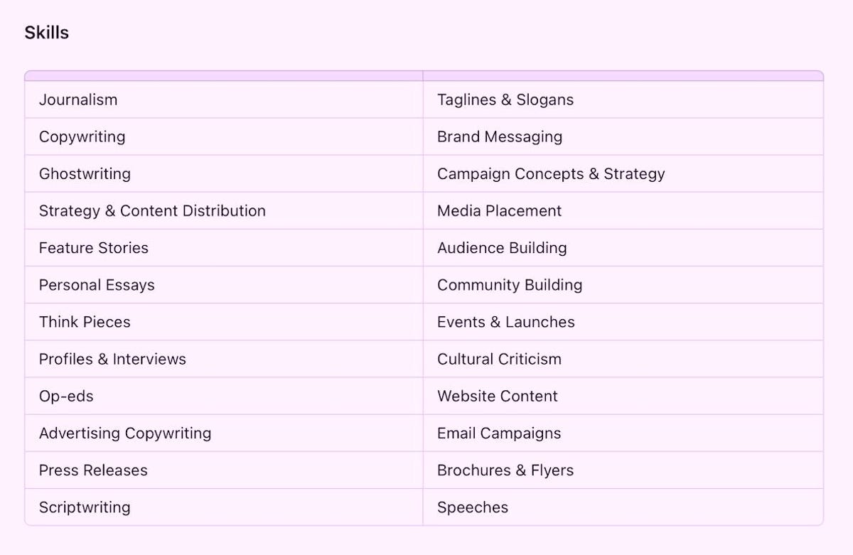 Skills Table