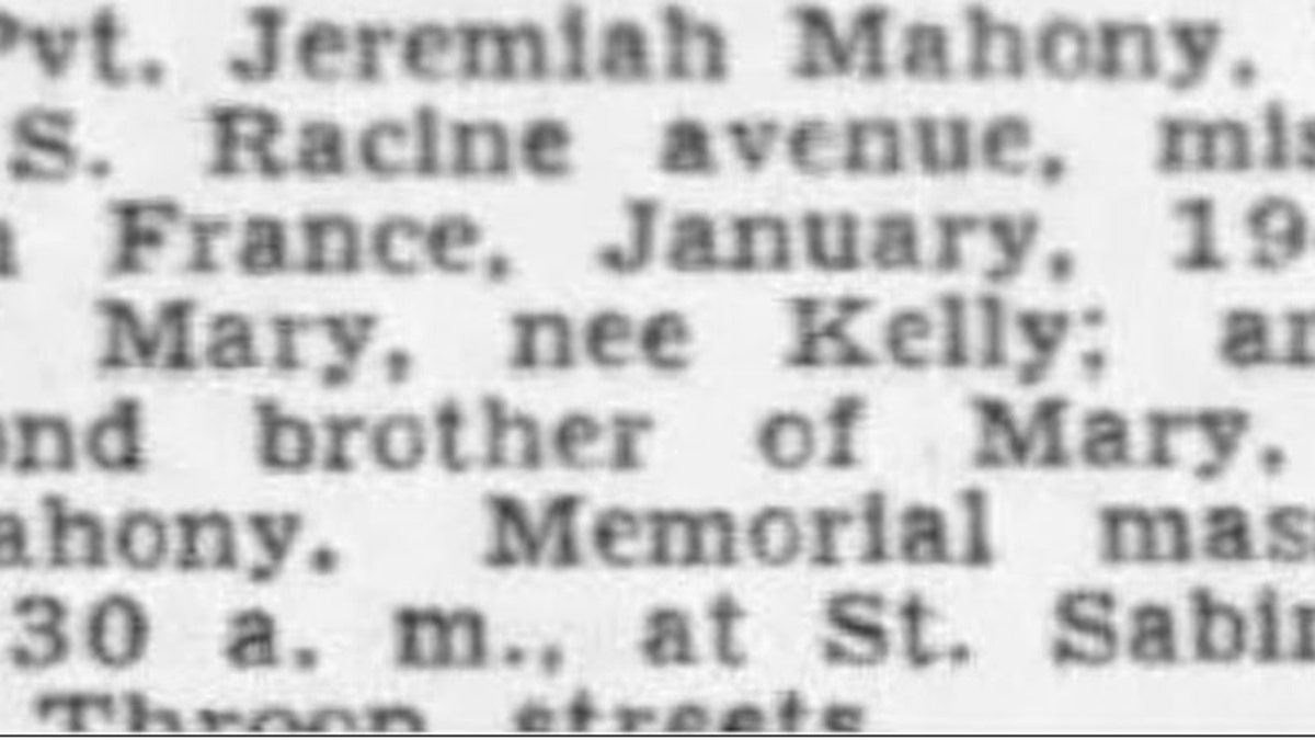 A clipping of Mahoney's memorial service after the War Department issued a "finding of death" while he was missing in action.