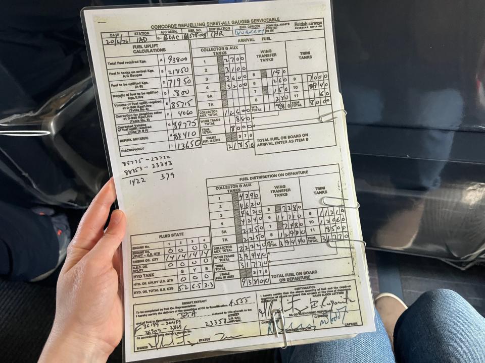 A refueling sheet from the Concorde.
