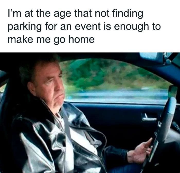 Jeremy Clarkson in a car looks frustrated. Text above reads: "I’m at the age that not finding parking for an event is enough to make me go home."
