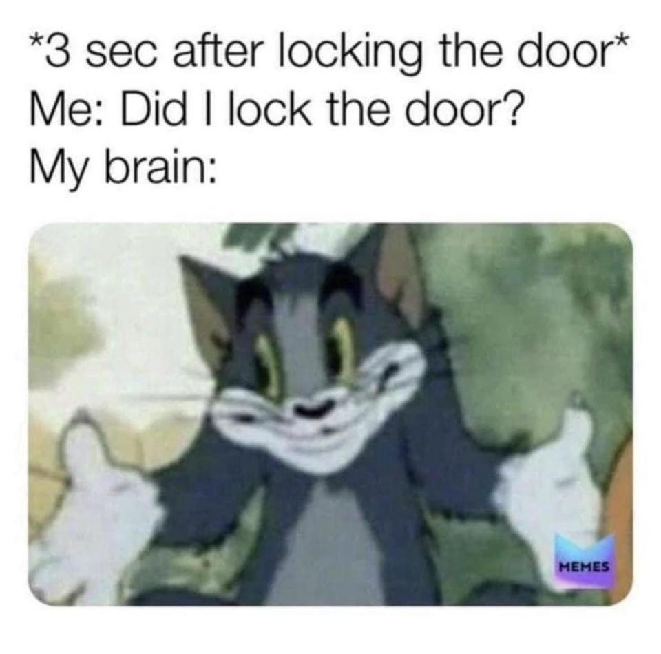 Meme image with Tom the cat from Tom and Jerry looking confused. Text: "*3 sec after locking the door* Me: Did I lock the door? My brain:"