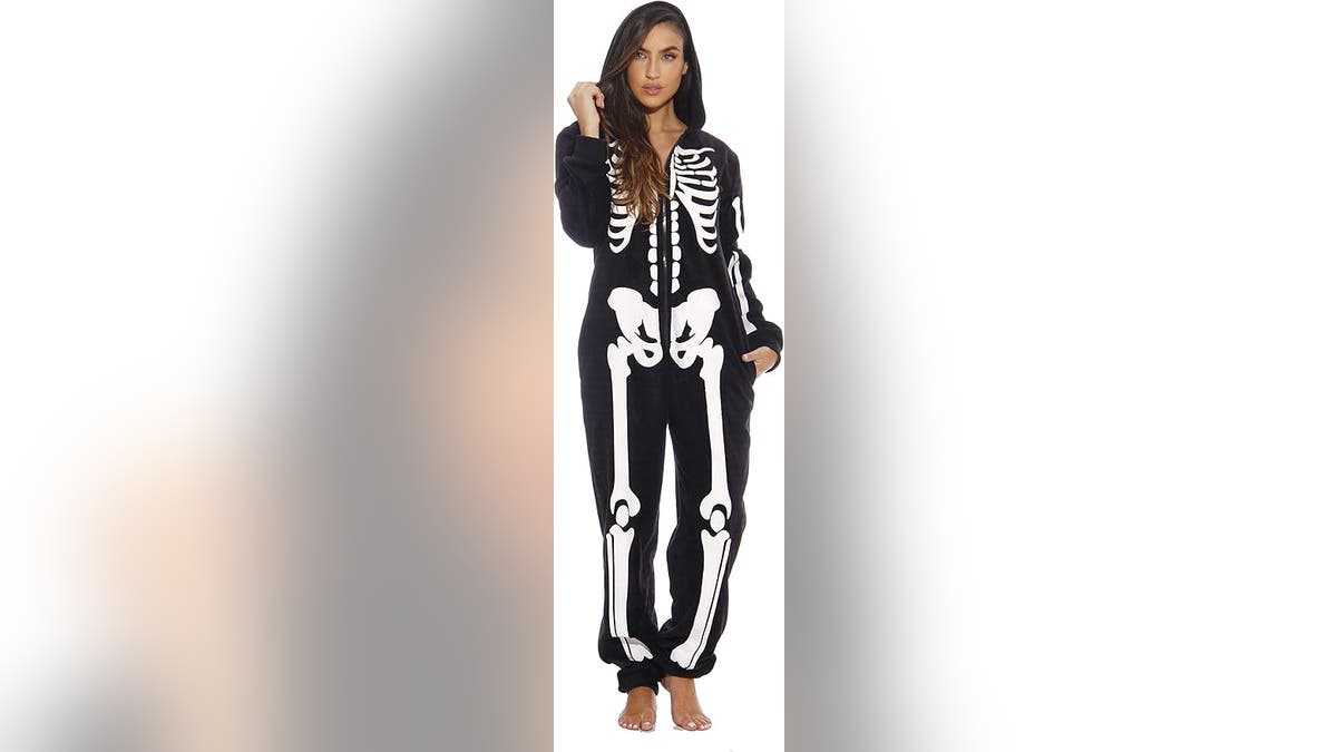 A comfy skeleton onesie makes for a fun costume.
