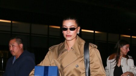Hailey Bieber Adds a Pop of Color to a Classic Fall Outfit