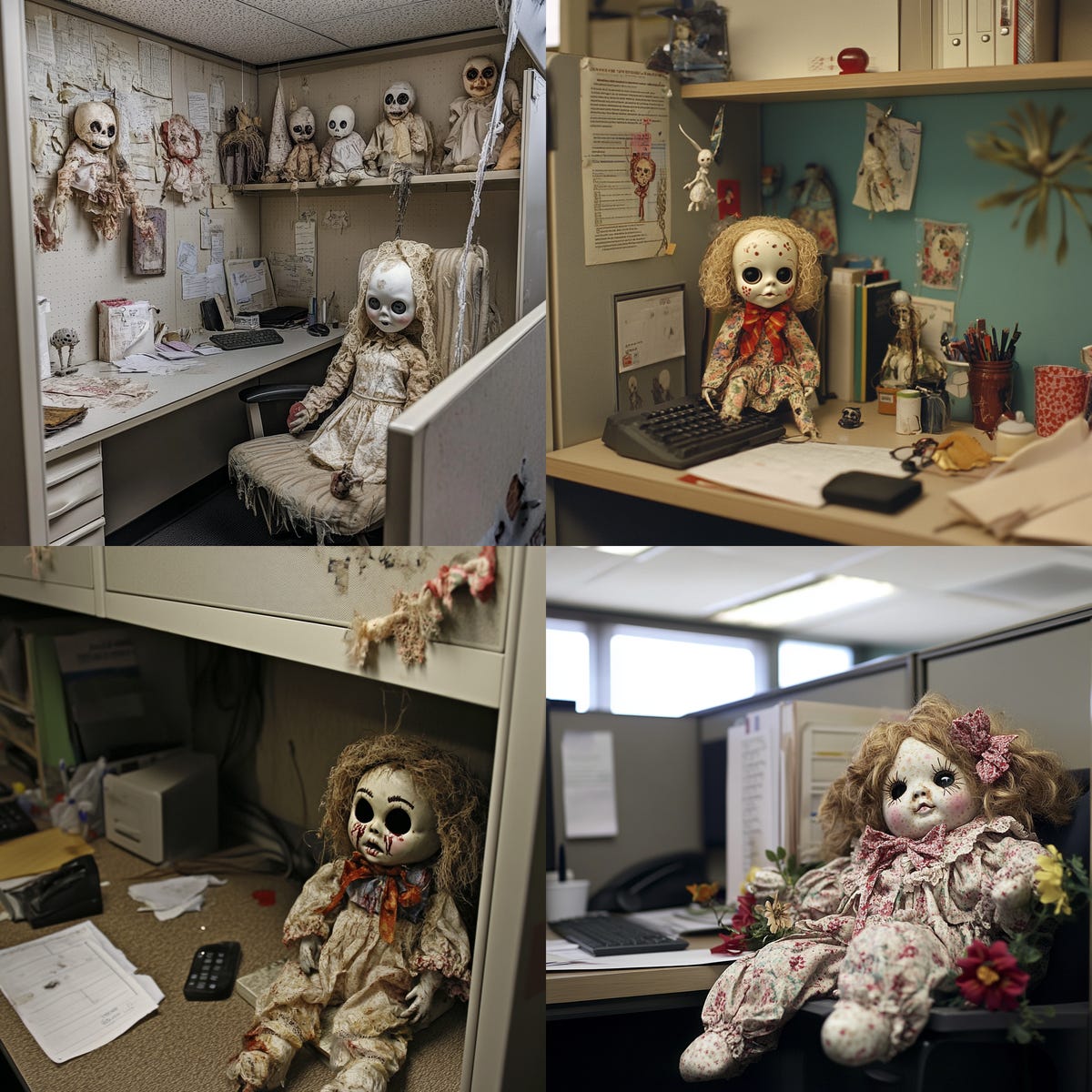 Four images of AI-generated creepy clown doll Halloween decor