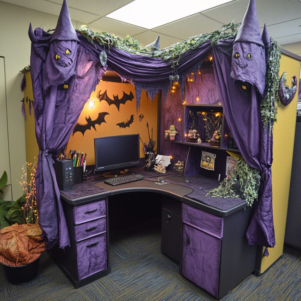 An AI-generated image of a desk decorated for Halloween with the theme witch's den