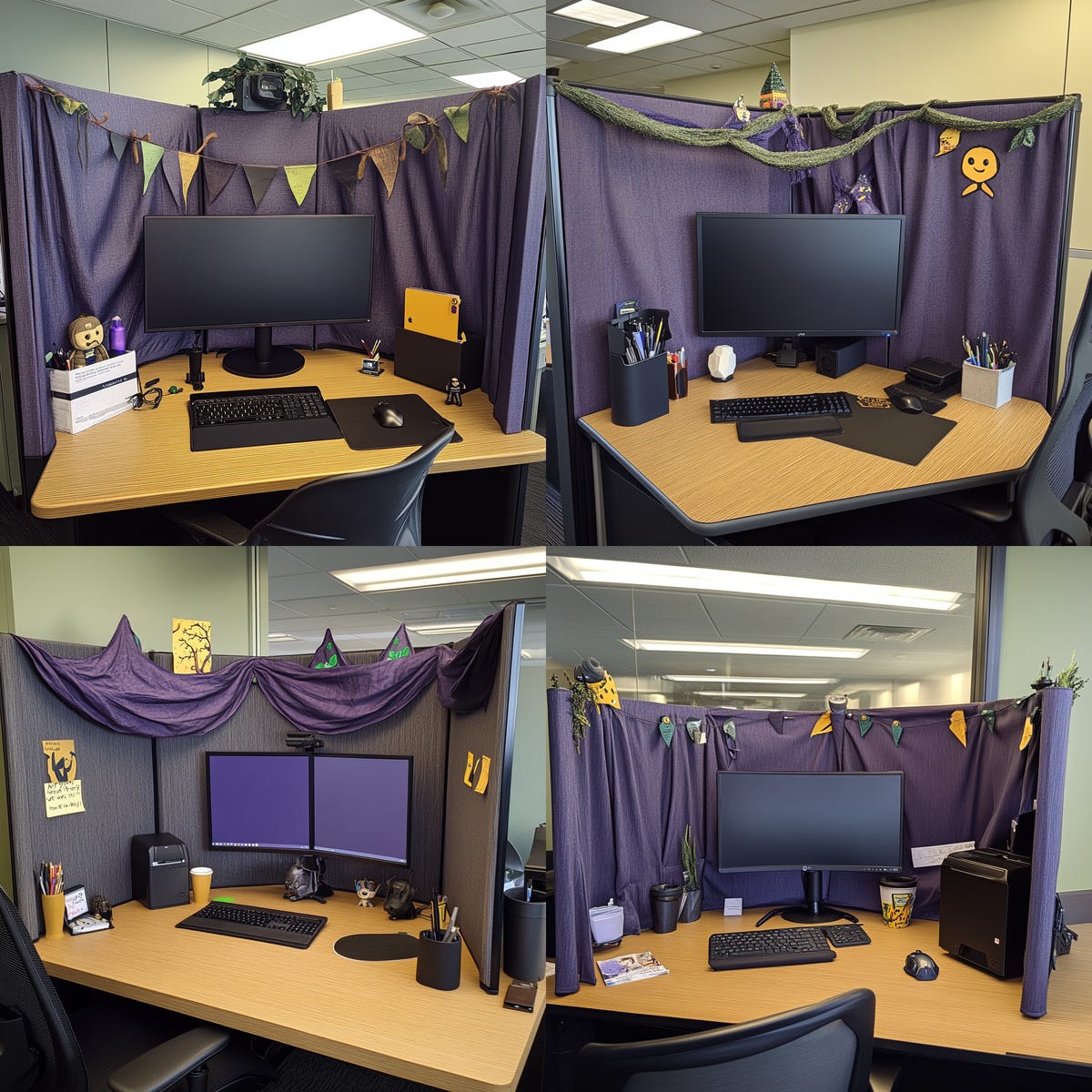 Four images of AI-generated Halloween decor for a cubicle work desk with the theme witch's den