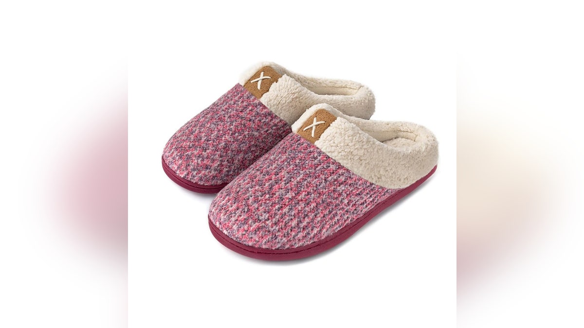 Slip on a pair of knit slippers for a stylish, comfortable look.